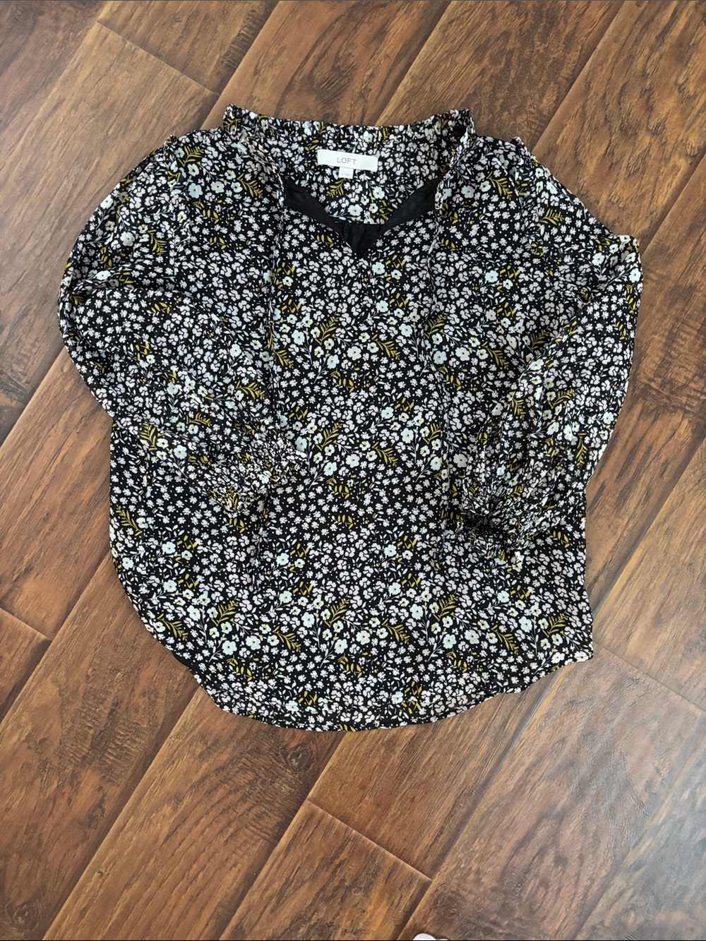 LOFT Black Floral V-Neck Long Sleeve Top with Yellow Accents